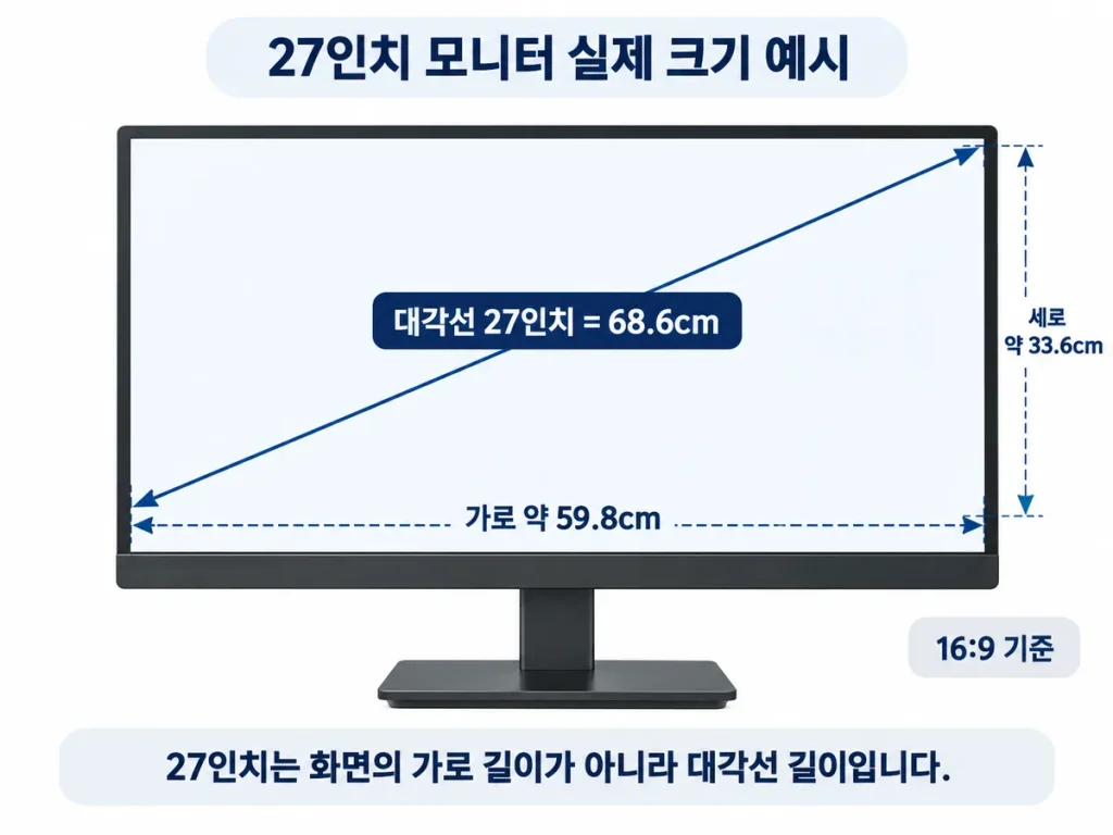 27인치 16대9 모니터의 대각선과 실제 가로 세로 크기