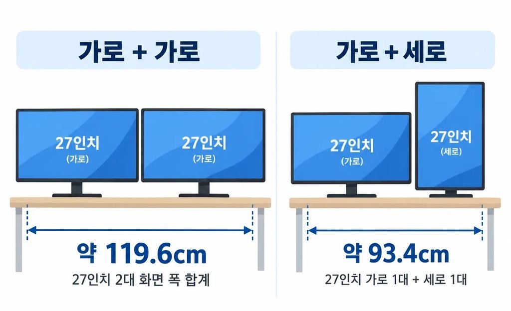 27인치 듀얼 모니터 가로 2대와 가로 세로 배치 폭 비교