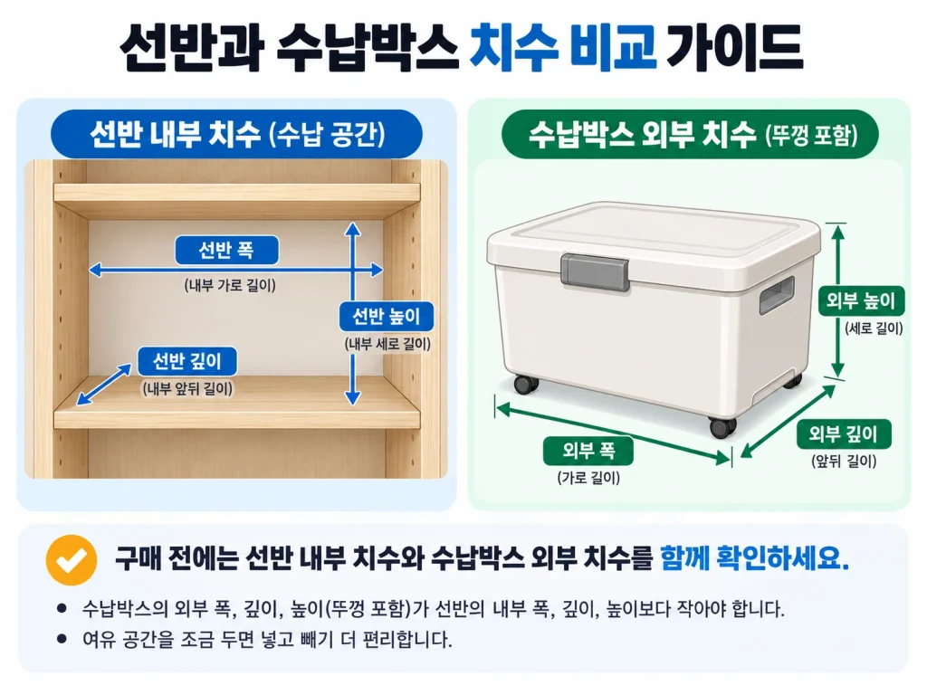 선반 내부 크기와 수납박스 외부 크기 측정 위치 비교