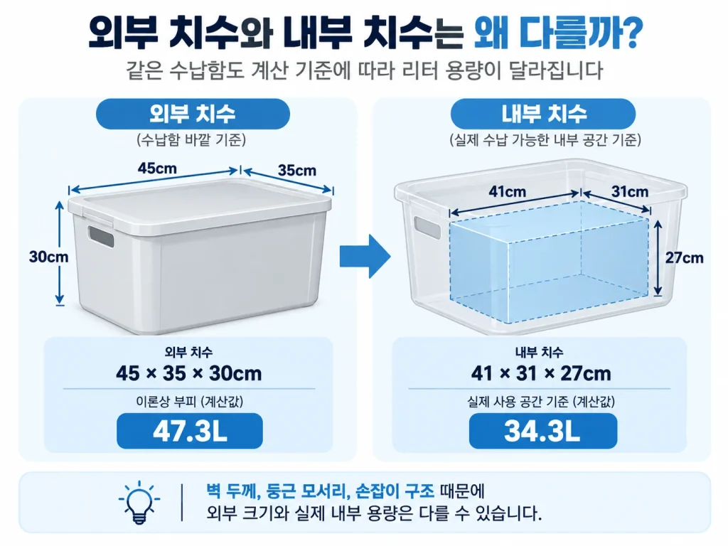 수납함 외부 치수와 내부 치수로 계산한 리터 용량 차이