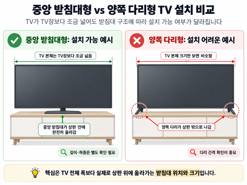 중앙 받침대형과 양쪽 다리형 TV의 TV장 설치 차이