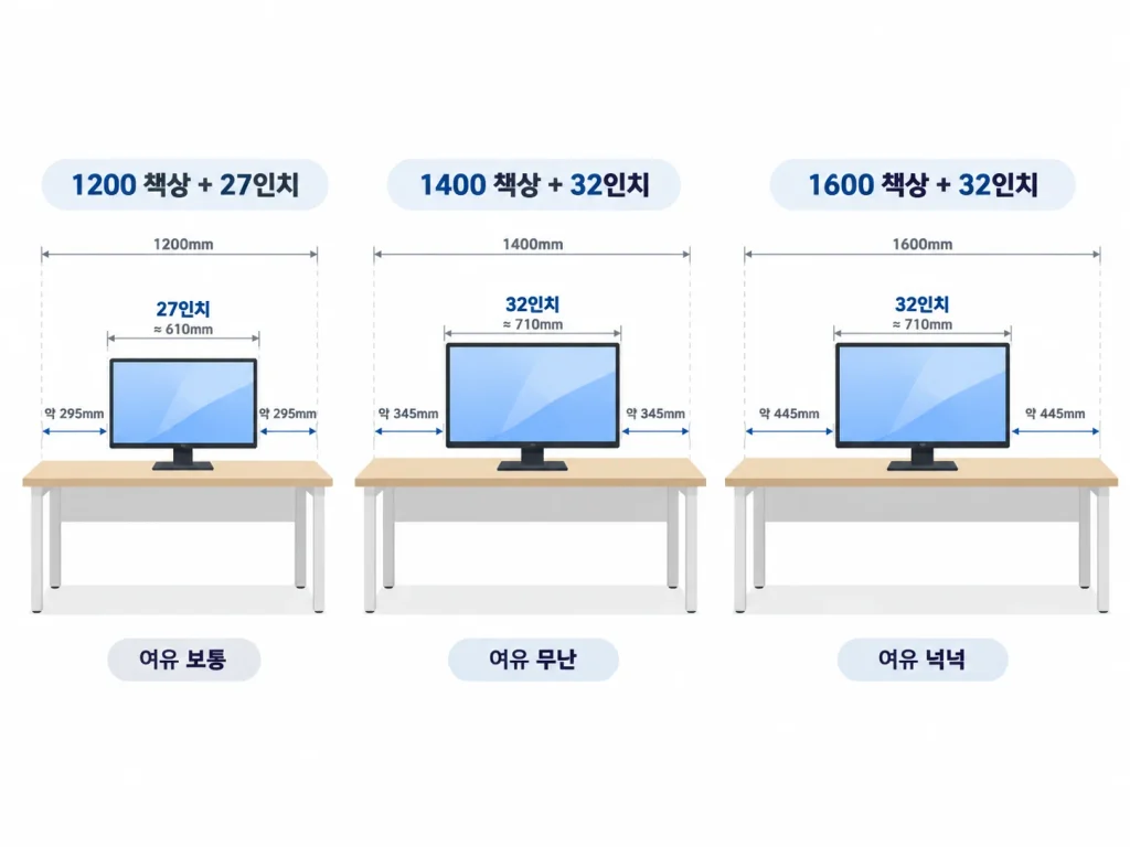 1200 1400 1600 책상에 27인치와 32인치 모니터를 놓은 크기 비교